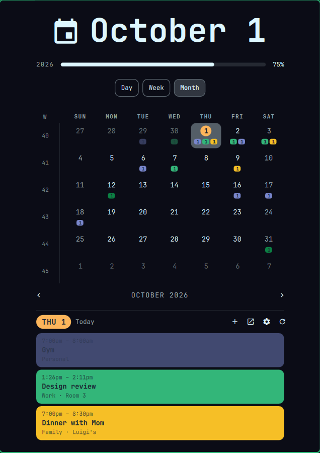 Month view with a colored chip per calendar and the day's events