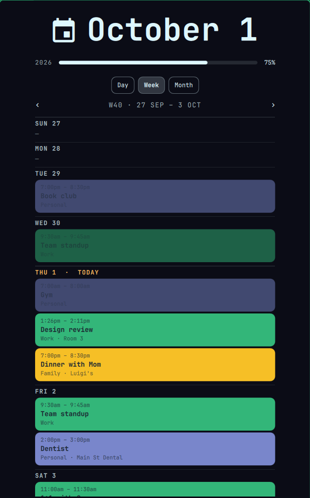 Week view listing each day's events
